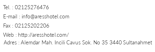 Ares Hotel Sultanahmet telefon numaralar, faks, e-mail, posta adresi ve iletiim bilgileri